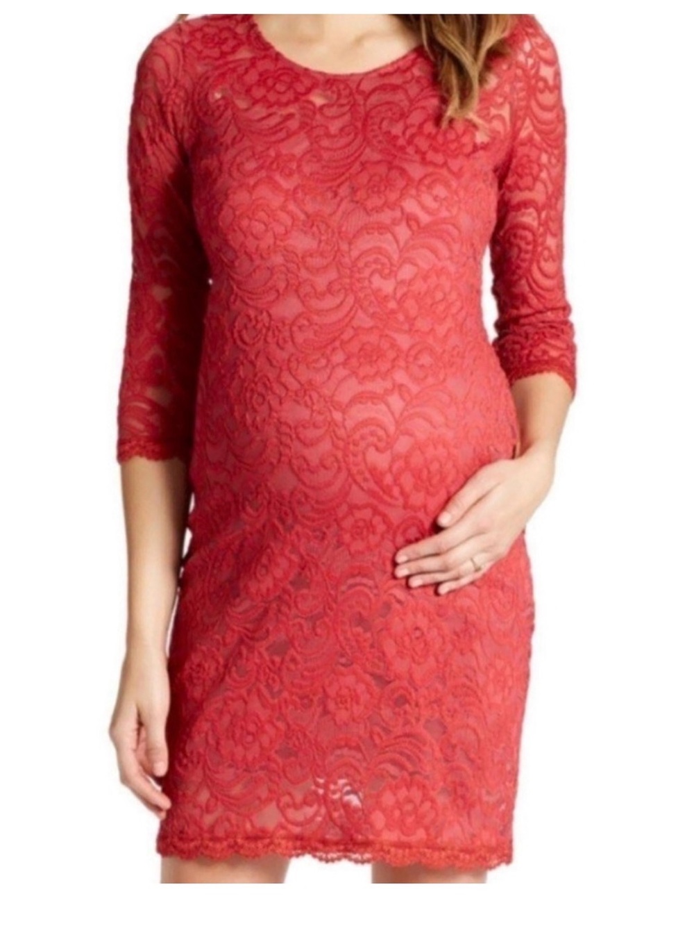 Jessica Simpson Coral Lace Maternity Sheath Dress with 3/4 Sleeves